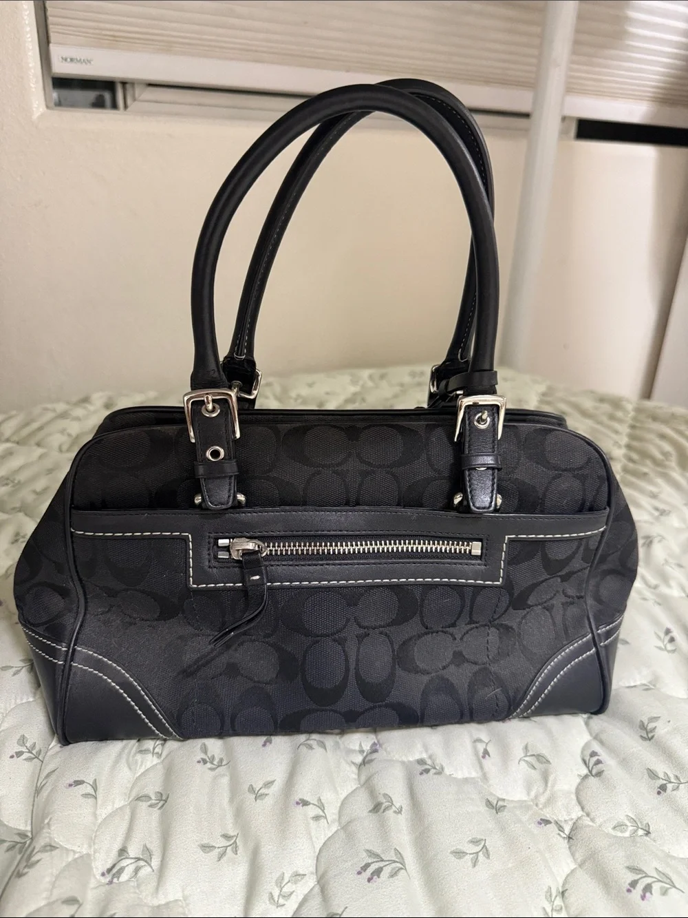 Coach Black Signature Satchel with Leather Trim
